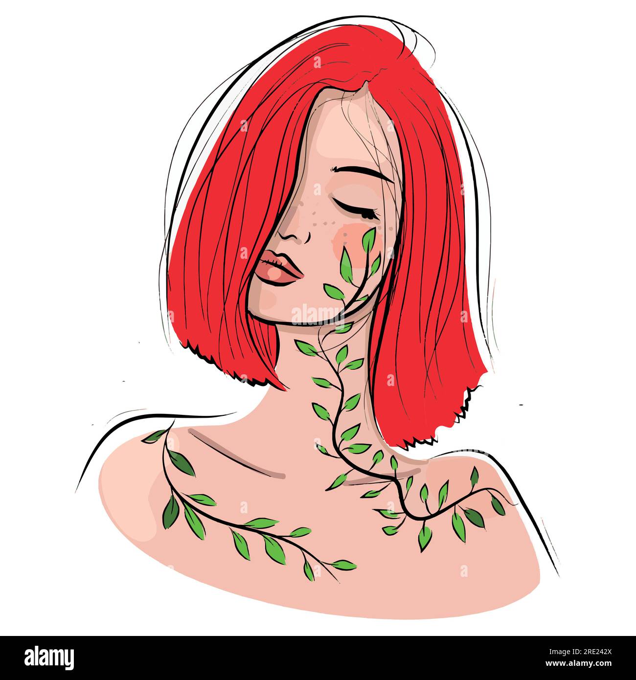 Immagine vettoriale di donna con capelli rossi e foglie. Illustrazione Vettoriale