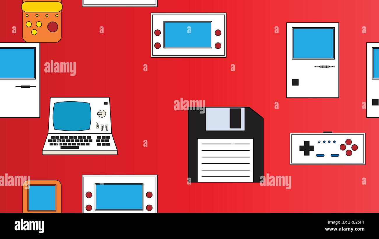 Modello senza cuciture senza fine con elettronica e tecnologia console di gioco per computer vecchio hipster vintage retrò degli anni '70, '80, '90 isolato su backgroun rosso Illustrazione Vettoriale