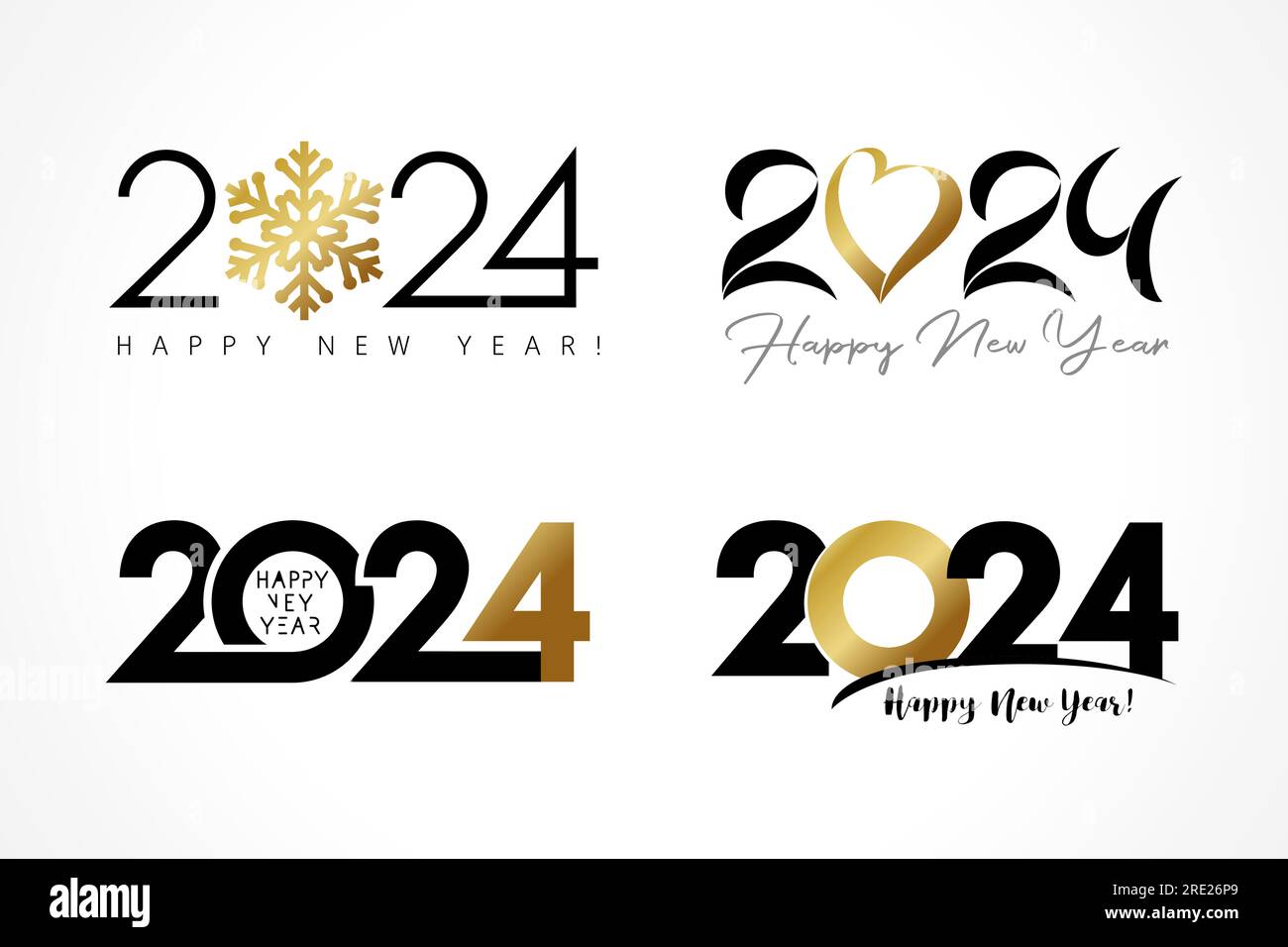 Grande set di logo 2024 con cuore dorato, fiocco di neve e design semplice. Il Natale arriva al numero 20 24 nelle tonalità oro. Illustrazione vettoriale per festività Illustrazione Vettoriale
