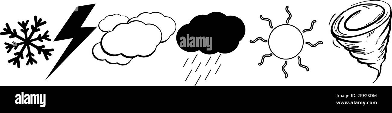Set di icone meteorologiche disegnate a mano, tra cui fiocchi di neve, fulmini, nuvole, nuvole di tempesta con pioggia, sole e imbuto di tornado Illustrazione Vettoriale