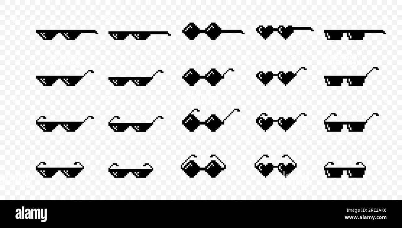 Icona Vector Black and White Pixel Boss Glasses impostata in stile retro a 8 bit. Summer Meme Game Thug Design, occhiali da sole Mafia Gangster Funky. Musica rap Illustrazione Vettoriale