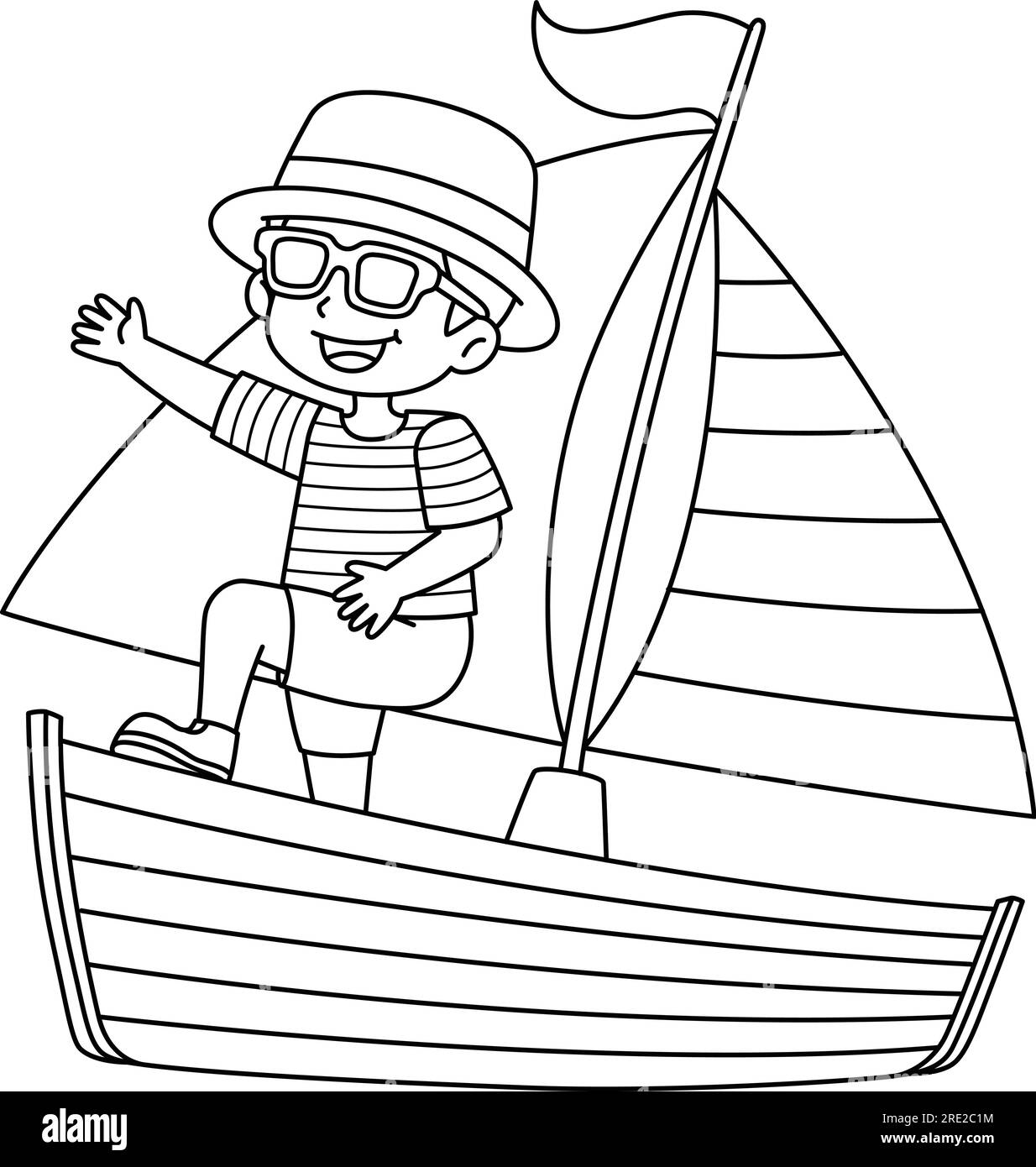 Boy on the Boat Summer Isolated Coloring Page Illustrazione Vettoriale