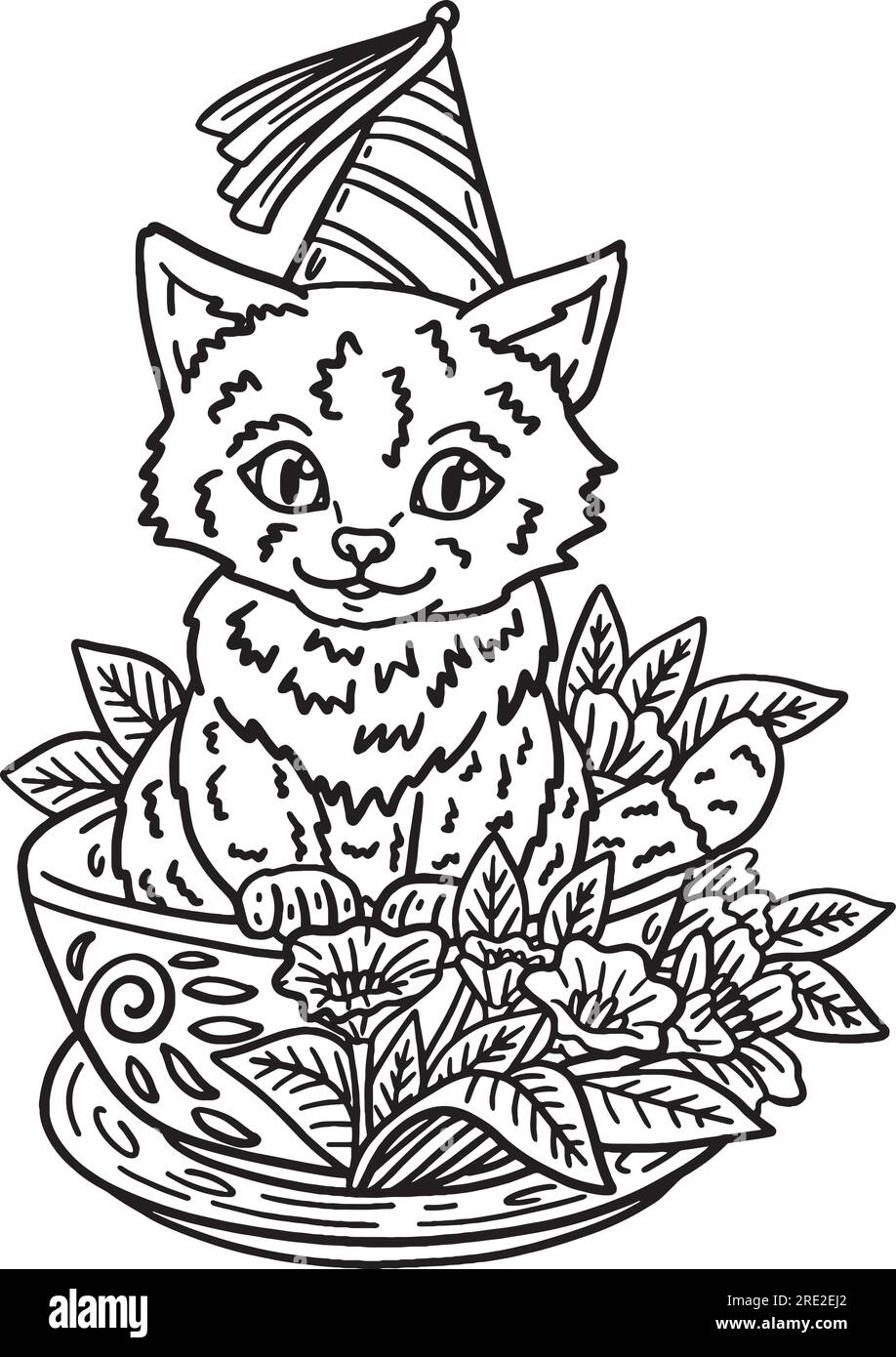 Cappello da festa Cat di Capodanno isolato per adulti da colorare Illustrazione Vettoriale