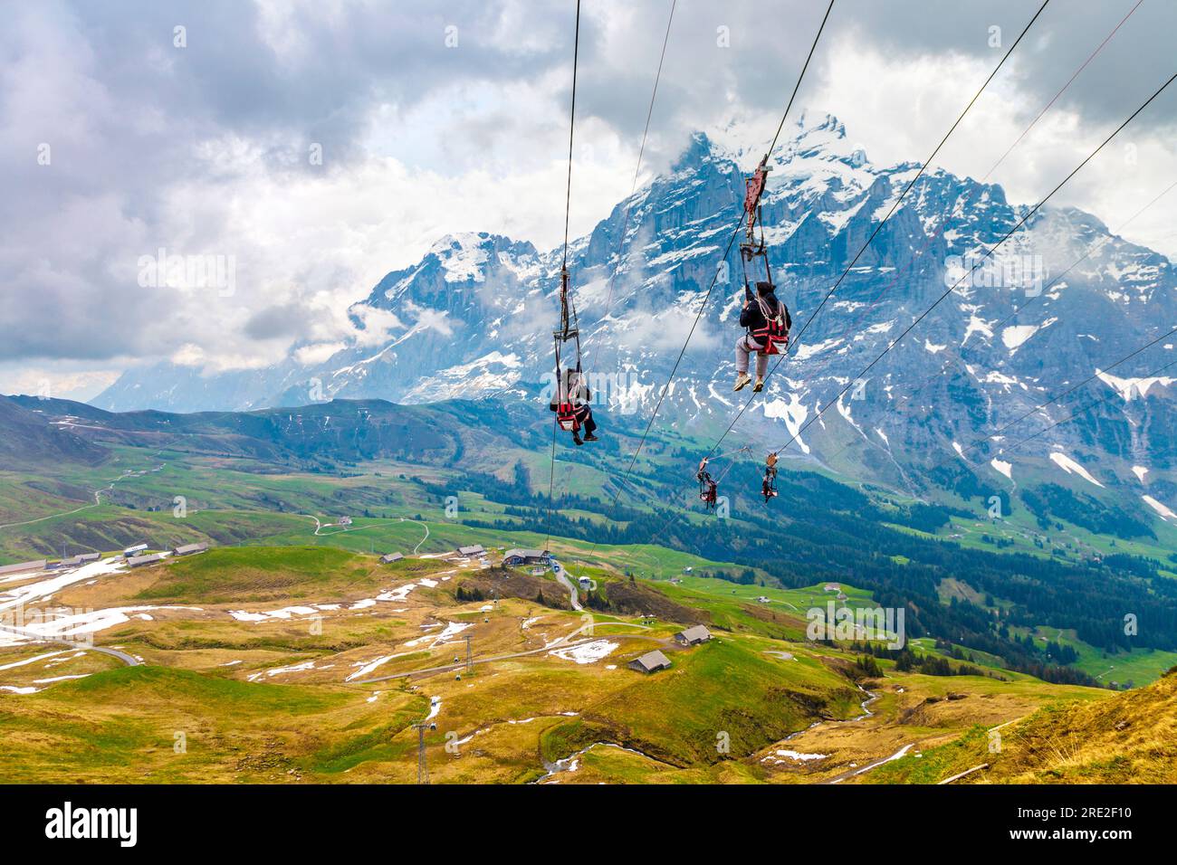 Persone sulla prima zipline Flyer sulla cima della prima montagna, Wetterhorn sullo sfondo, Svizzera Foto Stock