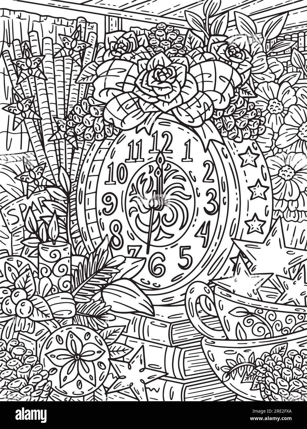 Orologio di Capodanno con decorazioni da colorare per adulti Illustrazione Vettoriale