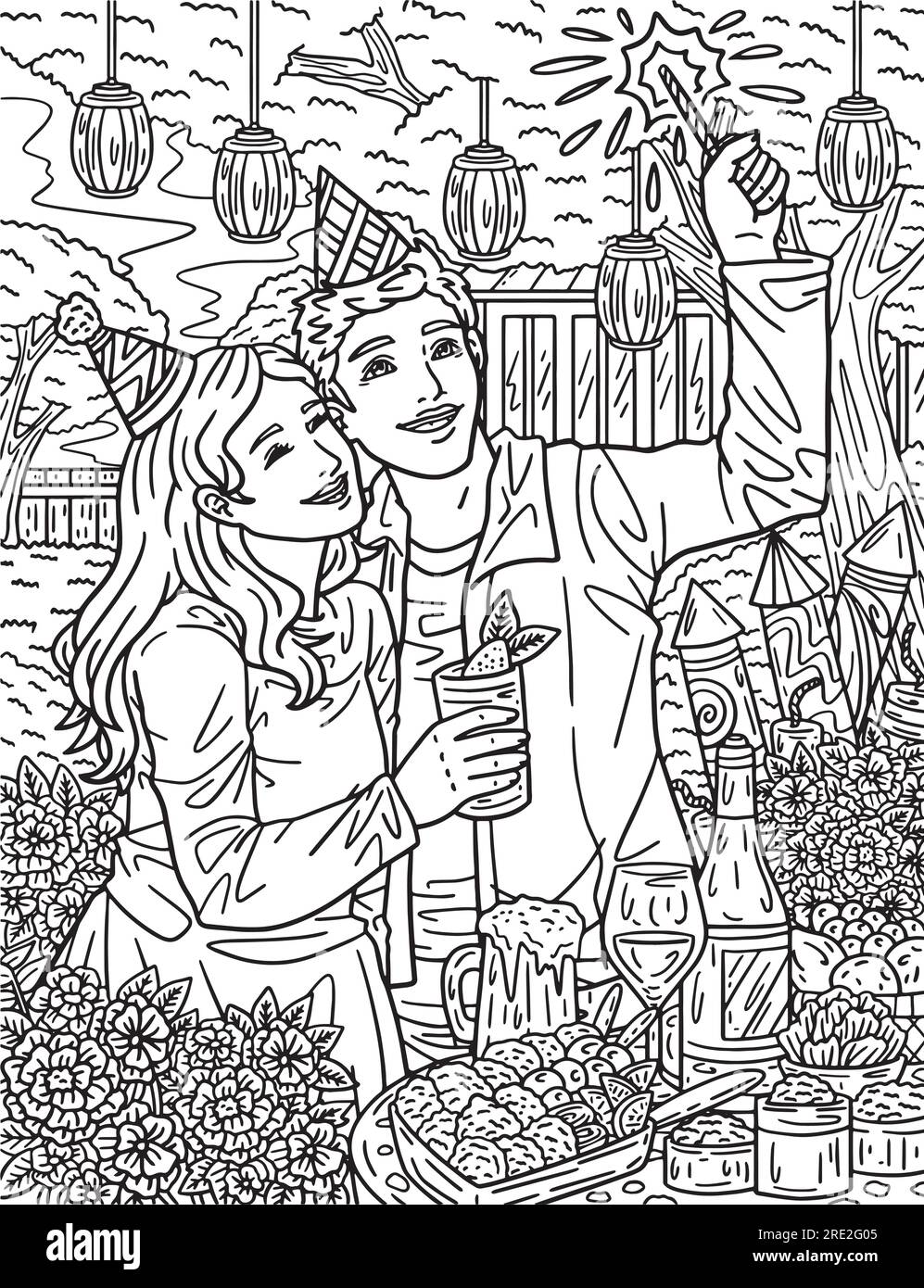 Coppia che festeggia il Capodanno adulti colorare pagina Illustrazione Vettoriale