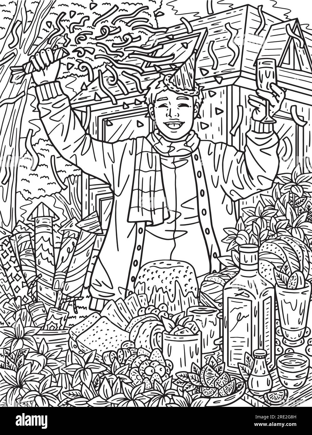 Uomo di Capodanno e coriandoli adulti colorare pagina Illustrazione Vettoriale