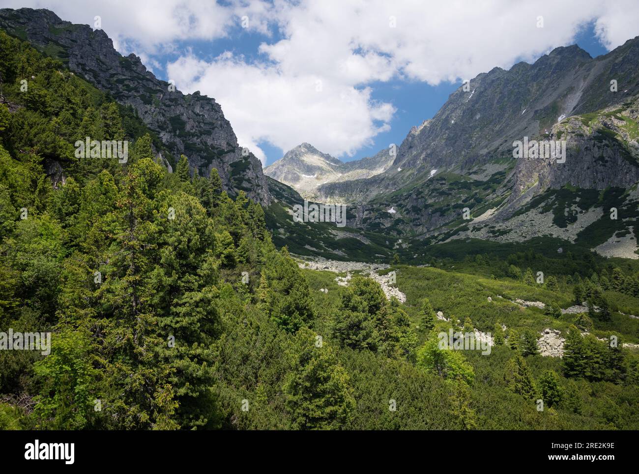 La vista aerea dalla funivia della cascata di montagna Skok con il picco Strbsky sullo sfondo, il Parco Nazionale alti Tatra, Slovacchia Foto Stock