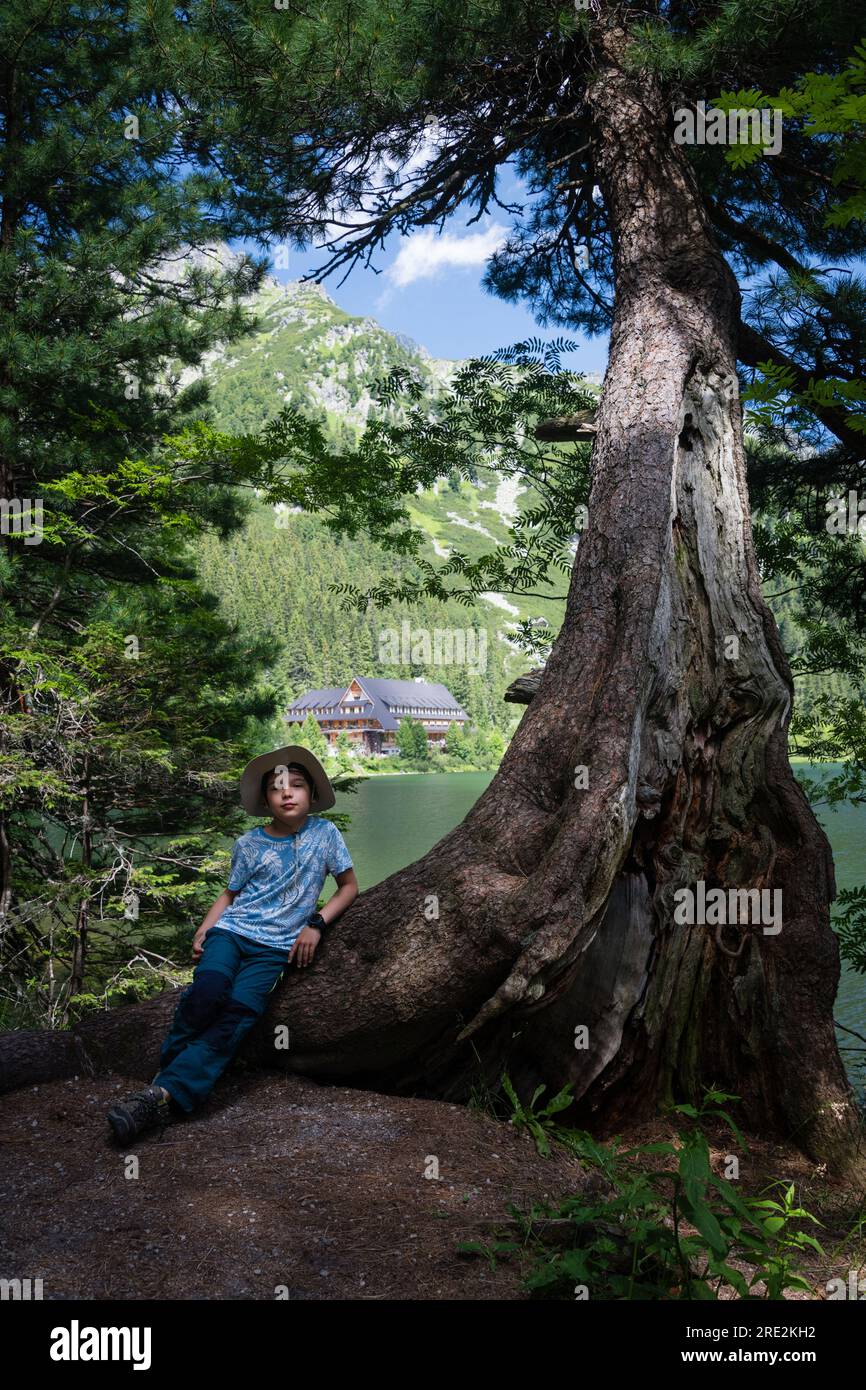 Giovane turista in posa davanti al gigantesco pino scozzese sulle rive del lago di montagna Popradske Pleso nel Parco Nazionale alti Tatra, Slovacchia Foto Stock