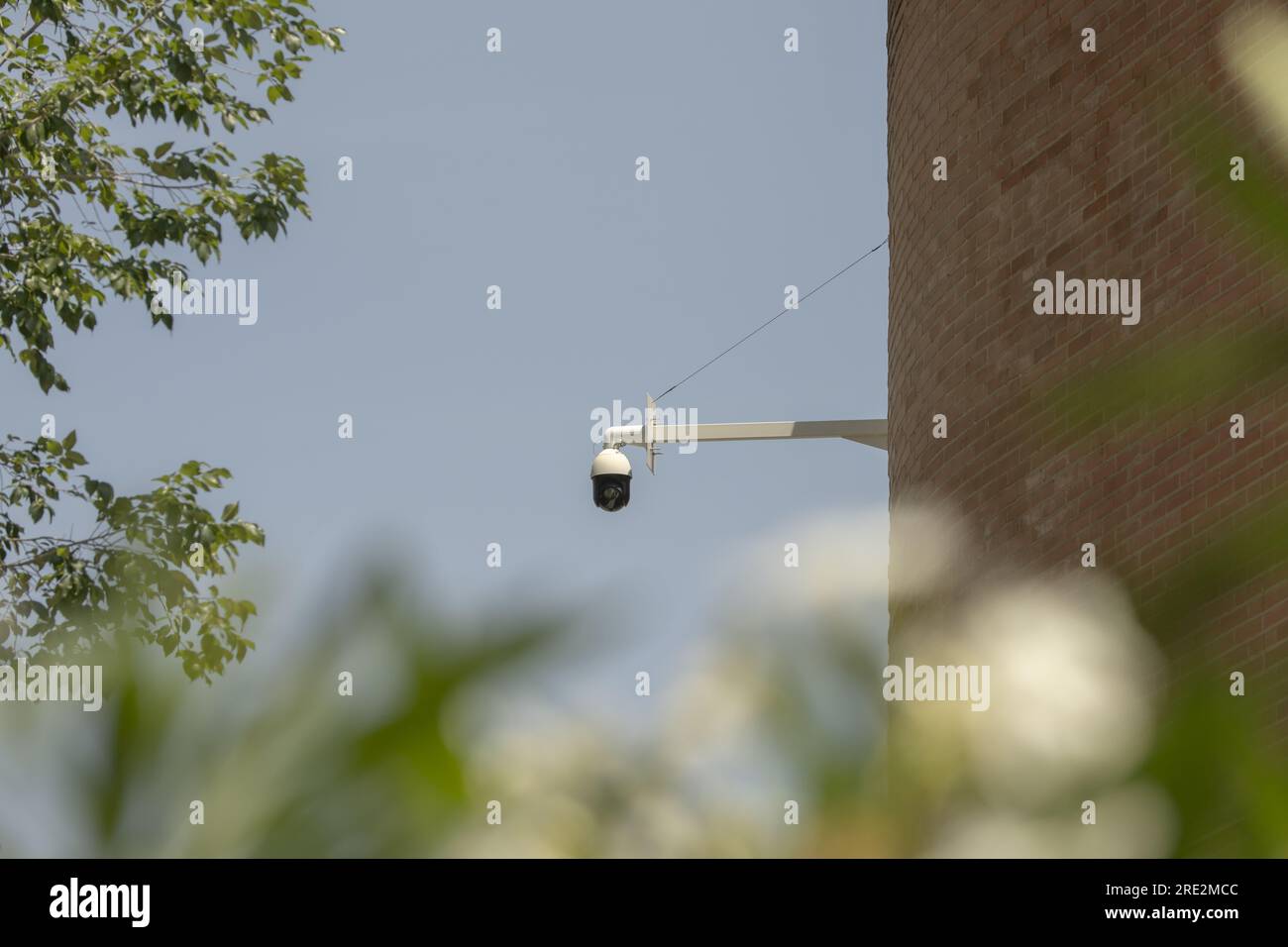 Telecamera di sorveglianza stradale attaccata a un muro di un edificio vicino a alberi frondosi Foto Stock