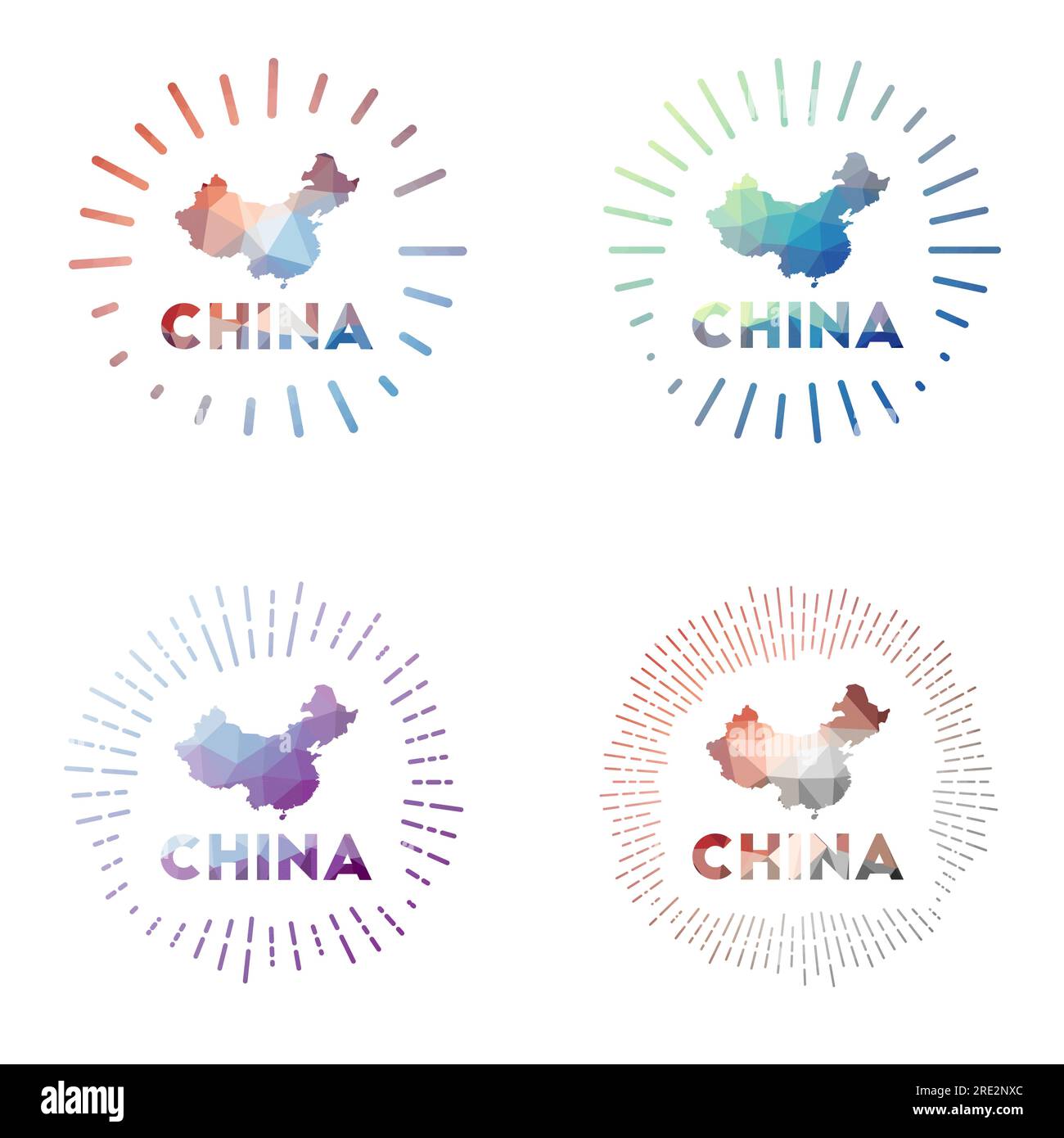 Set per scoppio solare in Cina a bassa polietilene. Logo del paese in stile poligonale geometrico. Illustrazione vettoriale. Illustrazione Vettoriale