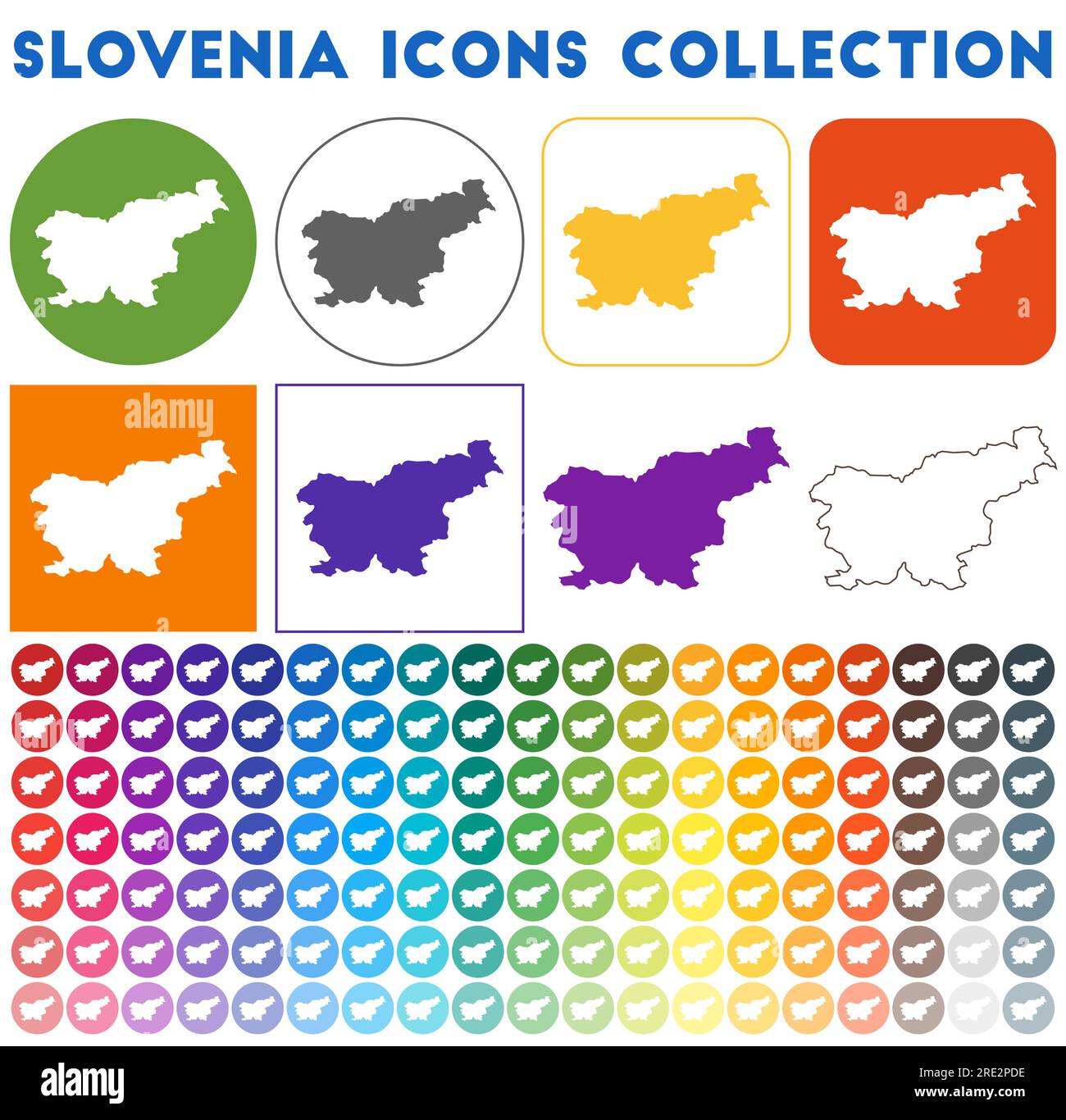 Collezione di icone Slovenia. Icone luminose colorate e alla moda. Badge Slovenia moderna con mappa del paese. Illustrazione vettoriale. Illustrazione Vettoriale