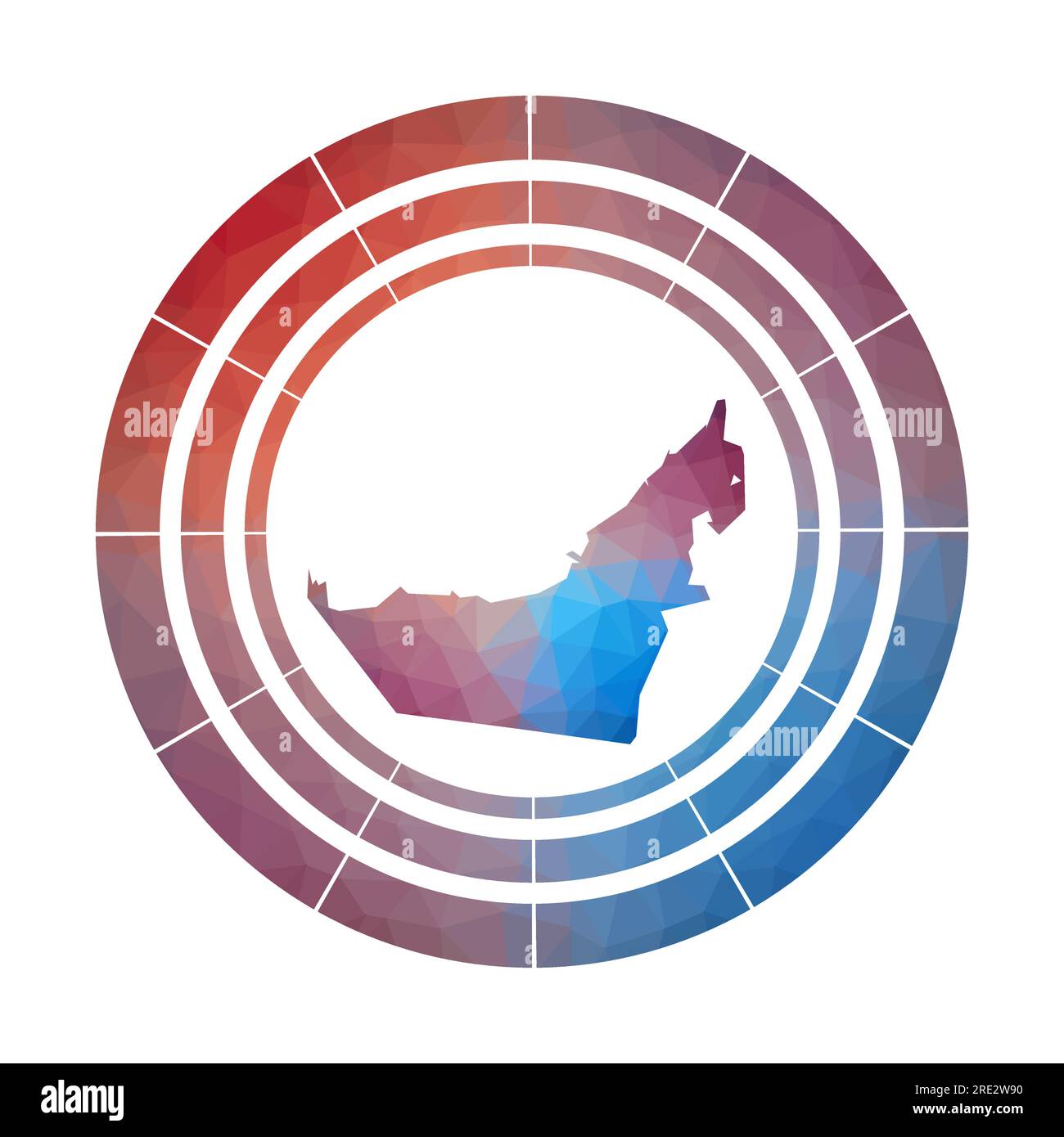 Distintivo degli Emirati Arabi Uniti. Logo country con sfumatura brillante in stile polietilene basso. Segno arrotondato multicolore degli Emirati Arabi Uniti con mappa in stile geometrico per la tua infografica. Illustrazione Vettoriale