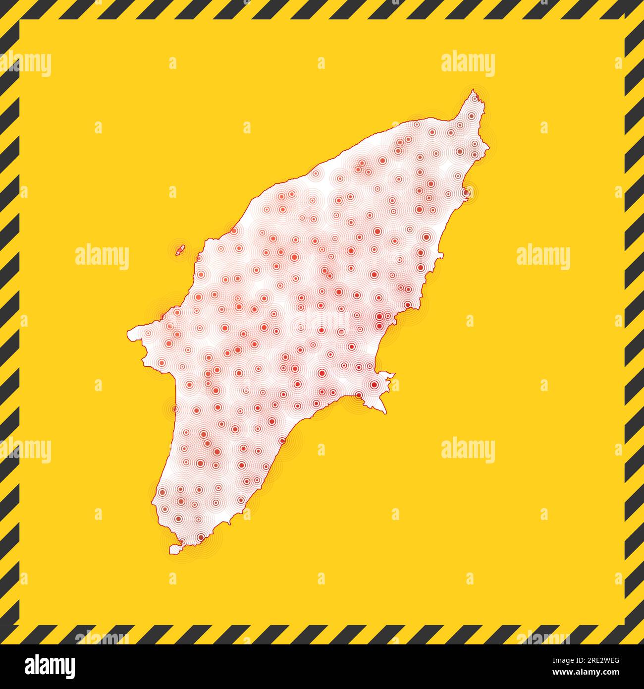 Rhodes chiuso - segnale di pericolo virus. Icona di blocco dell'isola. Bordo a strisce nere intorno alla mappa con concetto di diffusione del virus. Illustrazione vettoriale. Illustrazione Vettoriale