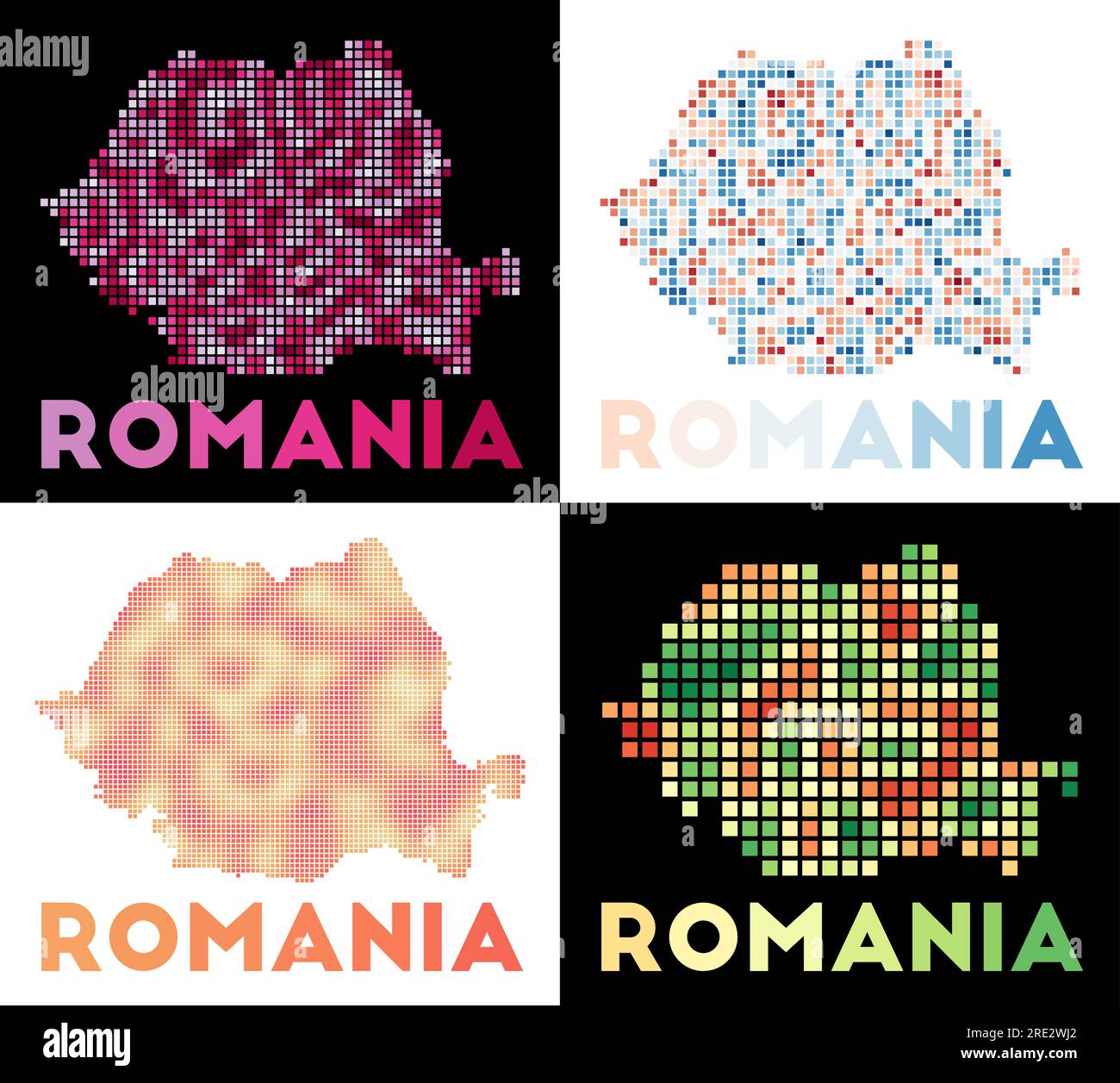Mappa della Romania. Raccolta di mappe della Romania in stile punteggiato. Bordi del paese pieni di rettangoli per il tuo progetto. Illustrazione vettoriale. Illustrazione Vettoriale