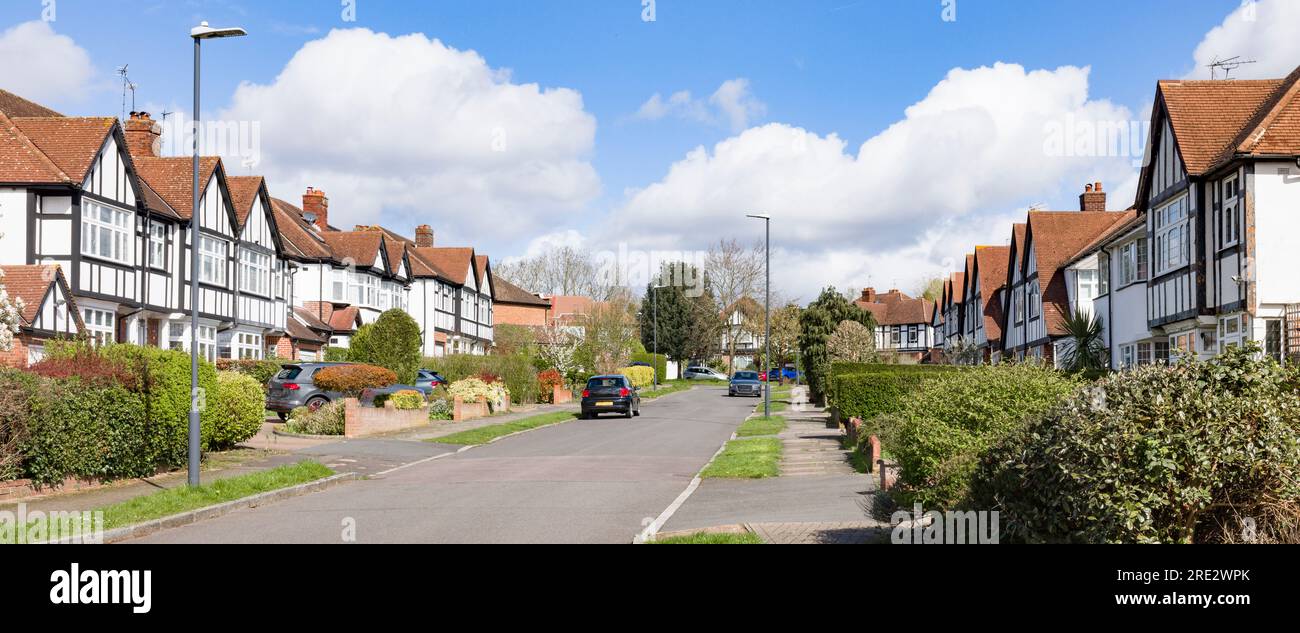 Vista panoramica delle case semi-indipendenti in una strada suburbana a Londra, Regno Unito Foto Stock