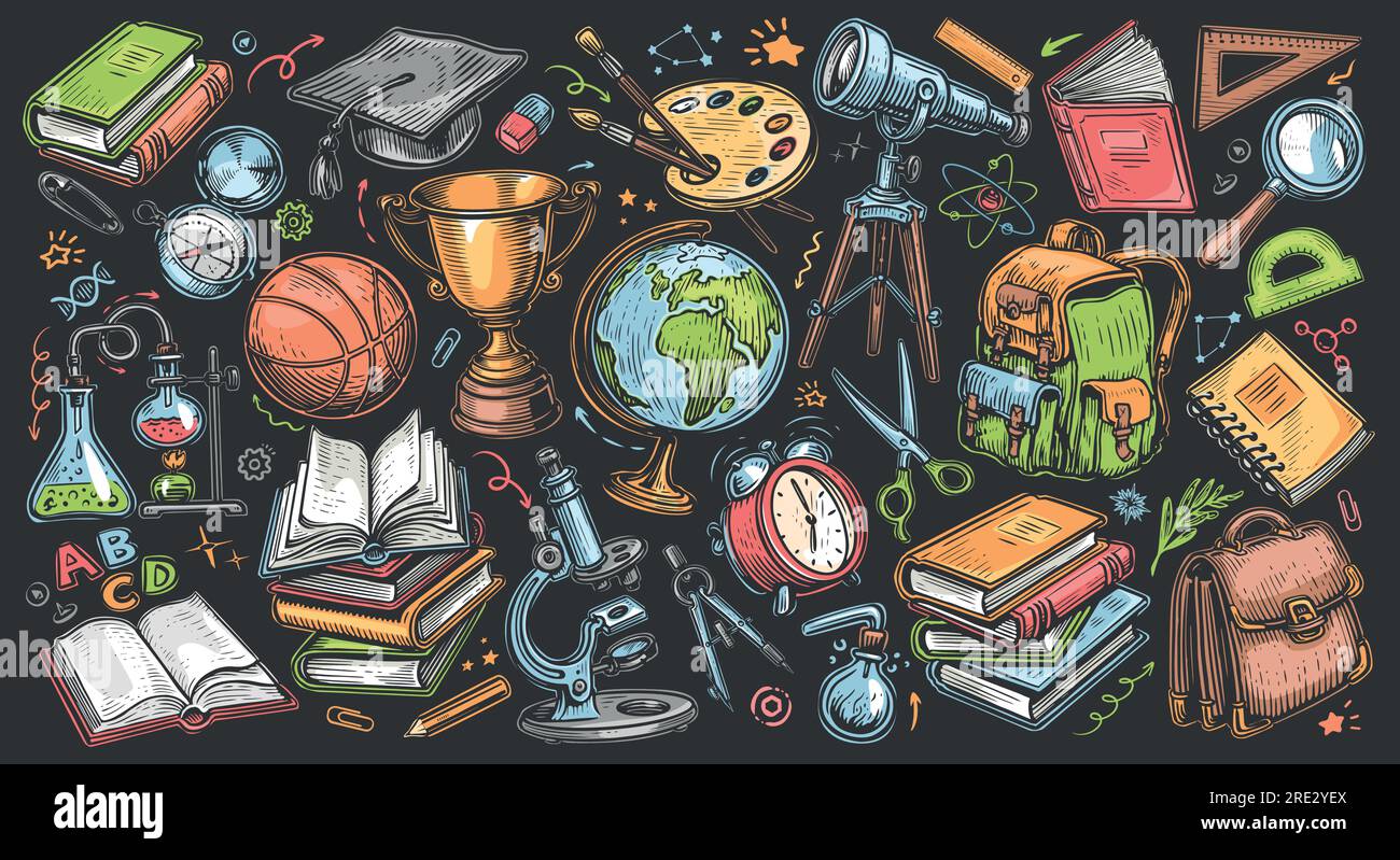 Collezione Education. Set di accessori scolastici in stile cartoni animati. Illustrazione vettoriale del concetto di ritorno a scuola Illustrazione Vettoriale