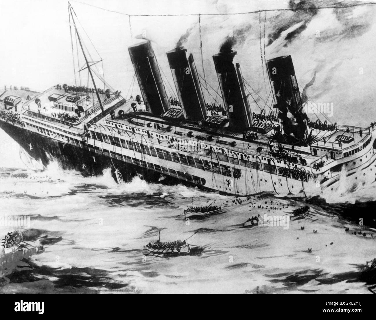 Irlanda: 7 maggio 1915 Un dipinto dell'affondamento della Lusitania al largo delle coste irlandesi dopo essere stata silurata da un U-boat tedesco. Foto Stock
