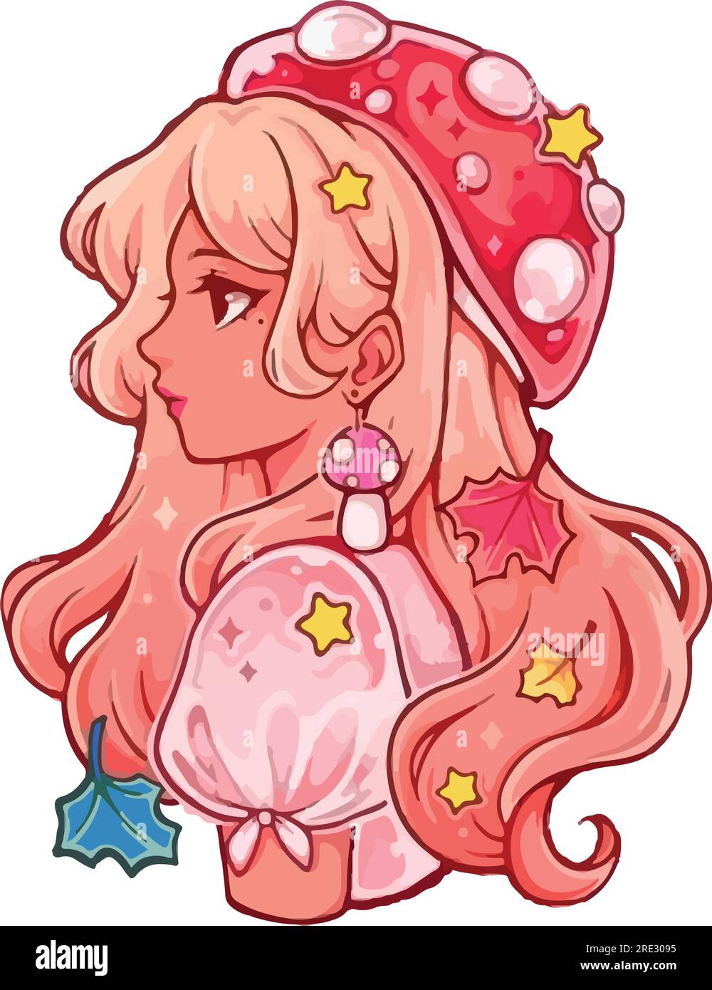 Immagine vettoriale di una ragazza carina in un berretto con outfit rosa e funghi, stelle e foglie. Illustrazione Vettoriale