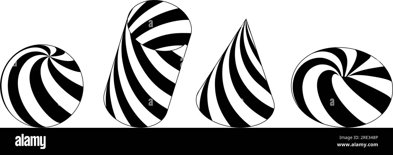 Set di forme 3d con strisce. Elementi di design in bianco e nero a cono, cilindro, sfera e toro per modelli, poster, volantini, striscioni. Raccolta moduli pattern geometrico vettoriale Illustrazione Vettoriale
