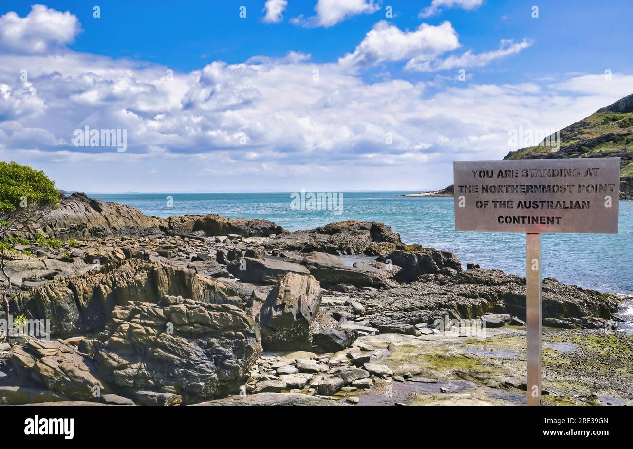 Un bel posto sulla punta più settentrionale di un promontorio roccioso sulla punta dell'Australia. Firmi sulla punta Foto Stock