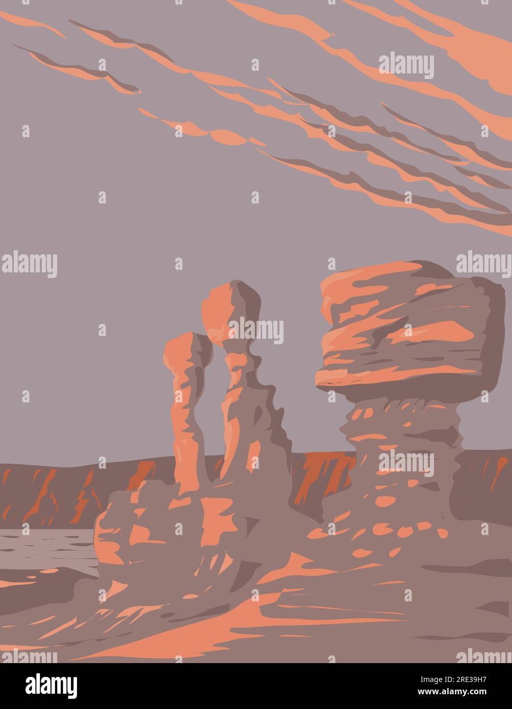 WPA poster art delle formazioni rocciose nel Parco Provinciale di Ischigualasto o Parque Provinciale Ischigualasto nella Provincia di San Juan, Argentina fatto in opere p Foto Stock