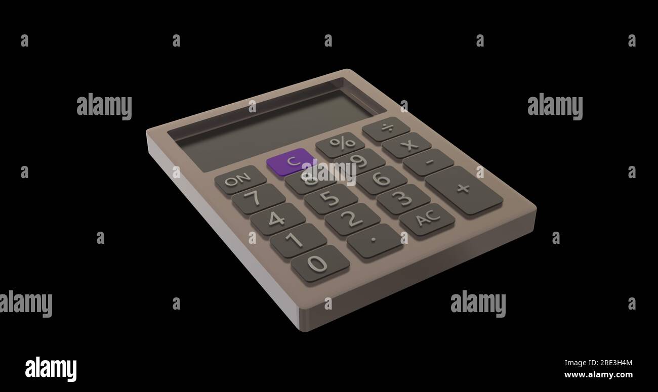 Composizione della calcolatrice grigia con schermo vuoto su sfondo nero Foto Stock