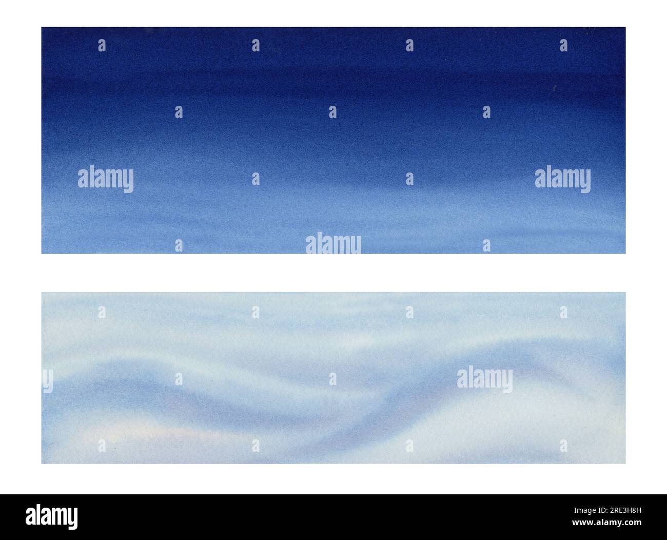 Elementi di design astratti ad acquerello per creare uno sfondo bianco e blu con macchie, schizzi, strisce, onde, sfumature di colore. Foto Stock