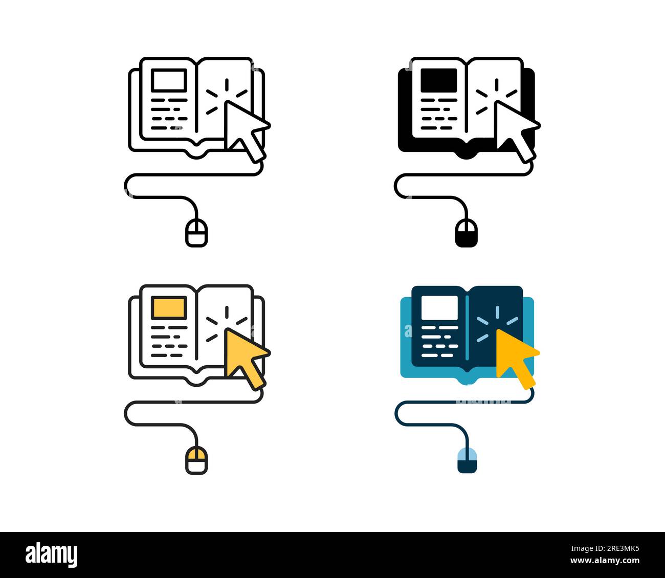 Icona di apprendimento online con mouse e design vettoriale del libro in 4 linee di stile, glifo, duotono e piatto Illustrazione Vettoriale