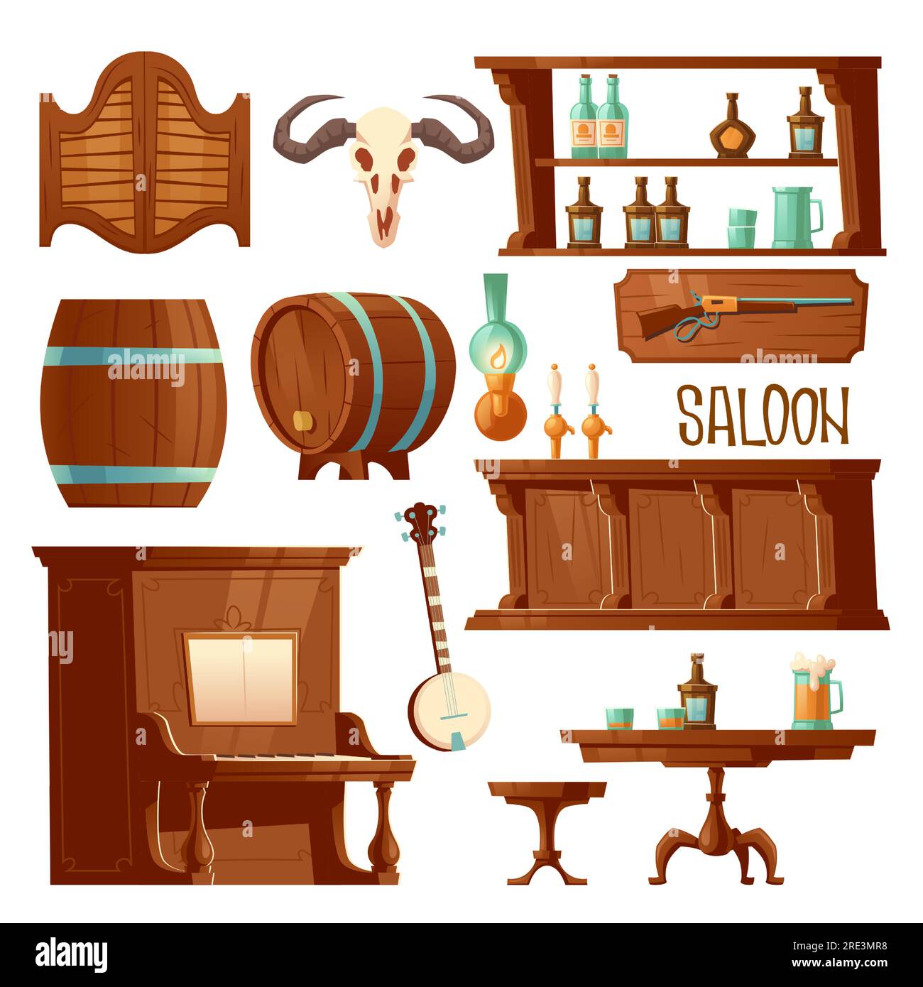 Salone cowboy, mobili da bar in stile western retrò e set di oggetti. Porta a battente in legno, tavolo, sedia e pianoforte, bancone con rubinetti per birra, botte del vino, banjo e teschio, illustrazione vettoriale di cartoni animati, clip art Illustrazione Vettoriale