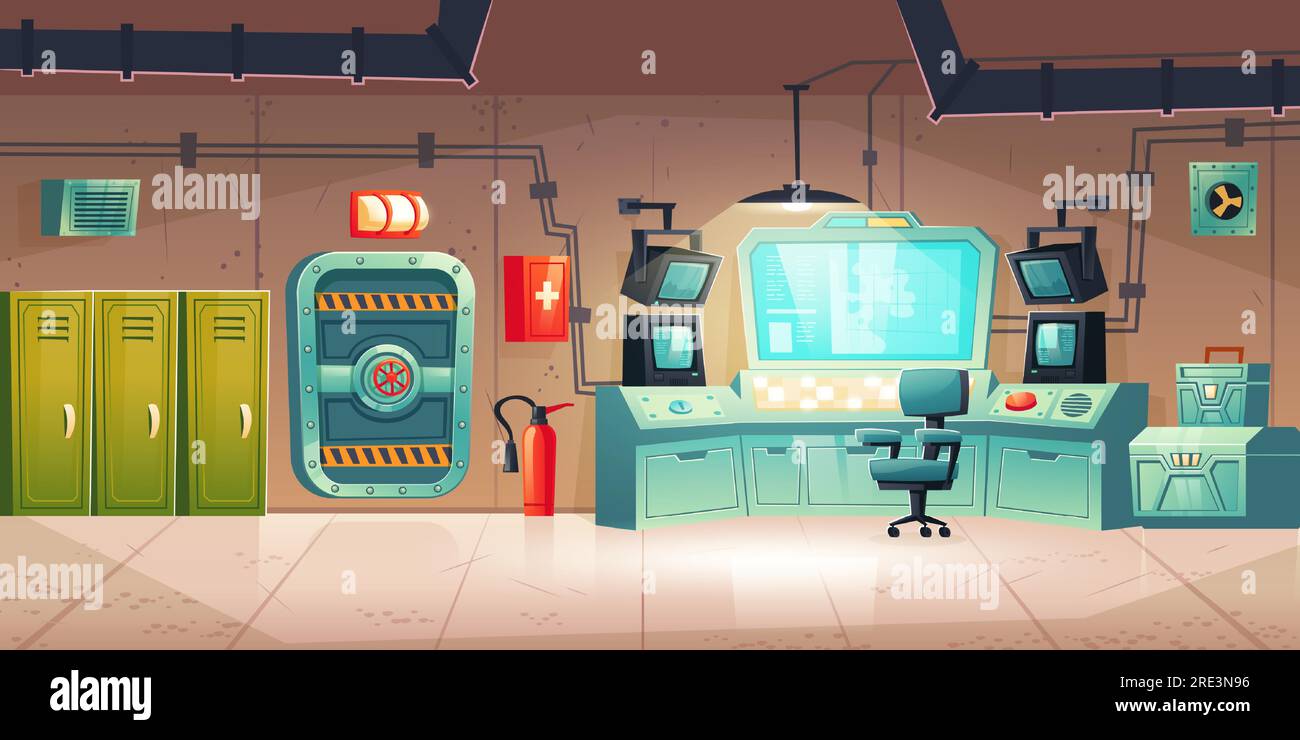 Interno del bunker sotterraneo con armadietti, pannello di controllo con monitor, sportello blindato. Cartoni animati vettoriali che illustrano un rifugio antibomba per sopravvivere durante la guerra nucleare. Base scientifica segreta o laboratorio Illustrazione Vettoriale