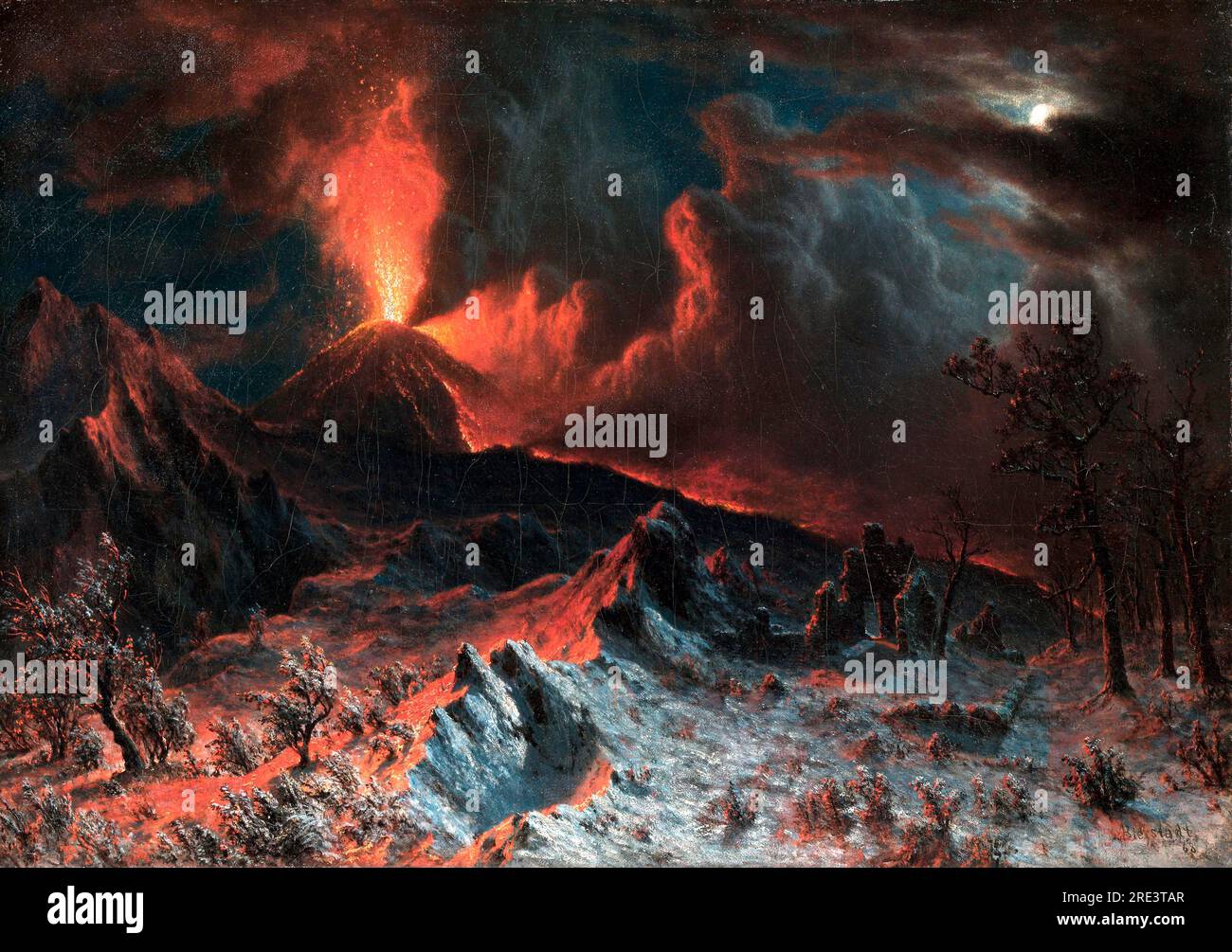 Vesuvio a mezzanotte da Albert Bierstadt nel 1868 - per secoli artisti e turisti furono attratti dal Vesuvio, un vulcano vicino a Napoli. Questa stupenda meraviglia naturale, per non dire terrificante, distrusse l'antica città romana di Pompei e continuò a eruttare di tanto in tanto, come fa ancora oggi. Mentre viveva a Londra nel 1868, Albert Bierstadt seppe che il Vesuvio era di nuovo scoppiato e si precipitò immediatamente in Italia. Non è certo che l'artista abbia effettivamente visto il cataclisma, anche se il dipinto presenta un'immagine convincente della cenere e della lava lanciate dal vulcano. Foto Stock