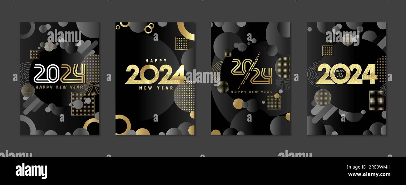 2024 biglietti di auguri di lusso per felice anno nuovo. Poster natalizi Vector o design per feste di Capodanno in stile memphis con numeri 2024 in tonalità dorate Illustrazione Vettoriale