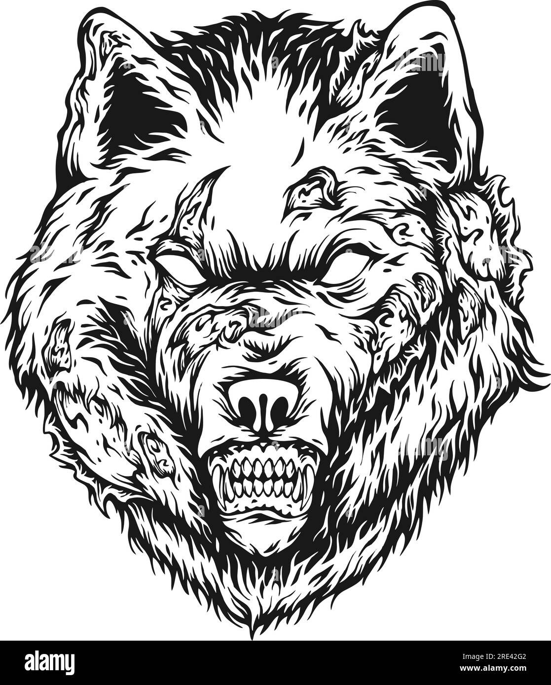 Mostri vettoriali monocromatici della testa di lupo zombie inquietanti per il logo del tuo lavoro, t-shirt di merchandisse, adesivi e disegni di etichette, poster, gr Illustrazione Vettoriale