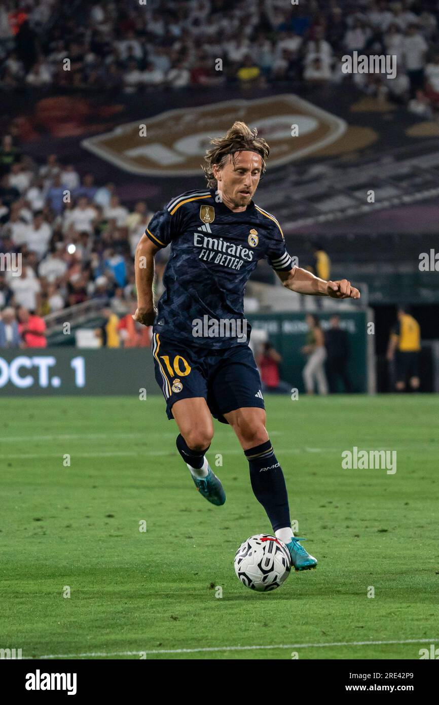 Il centrocampista del Real Madrid Luka Modrić (10) durante il Soccer Champions Tour contro il Milan, domenica 23 luglio 2023, al Rose Bowl, a Pasadena, CALIFORNIA. R Foto Stock