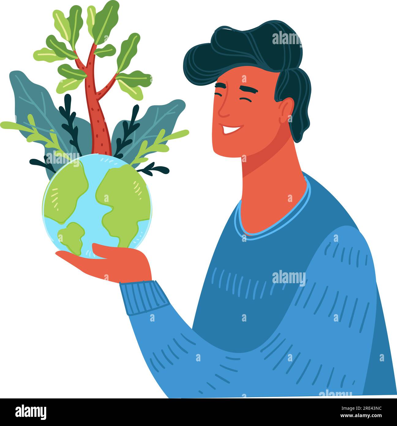 Carattere maschile cura e cura del pianeta terra, problemi ambientali ed ecologici risolvere da parte dell'umanità. Uomo con globo con foreste e alberi Illustrazione Vettoriale