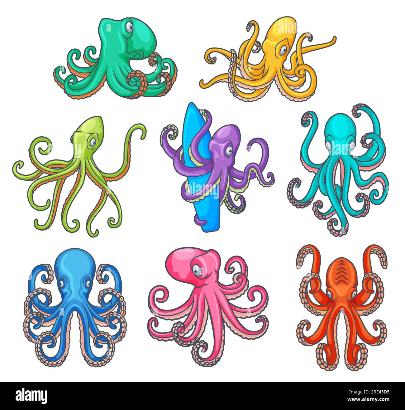 Polpo con tentacoli curvi, mostri dei cartoni animati oceanici o marini. Graziosi animali marini con braccia colorate e ventose che tengono in mano la tavola da surf e la fauna sottomarina Illustrazione Vettoriale