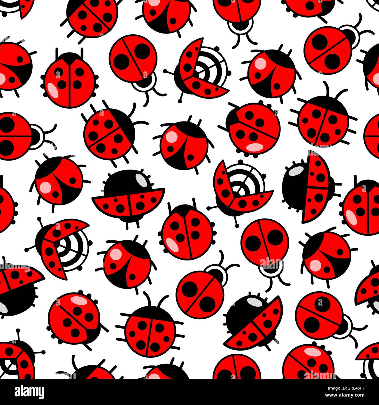 Scarabei da ladybird brillanti e senza cuciture con coccinelle striscianti su sfondo bianco con coperture alari rosse e nere. Può essere utilizzato come sfondo per la stampa di tessuti o per la stampa di pagine di album Illustrazione Vettoriale