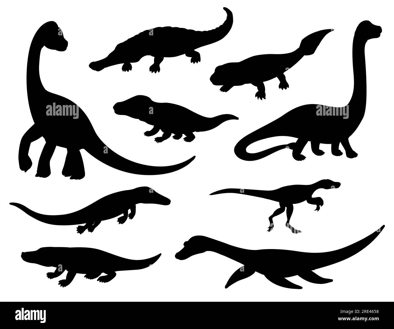 Sagome nere di dinosauri di animali estinti giurassici. Rettili dini preistorici vettoriali e mostri coccodrilli di mesosaurus, eoraptor, ittiostega e brachiosaurus, erythrosuchus e sarcosuchus Illustrazione Vettoriale