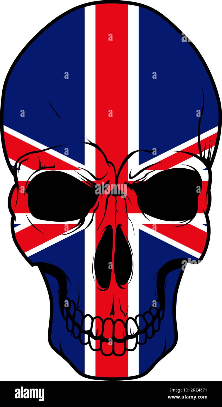 Tatuaggio patriottico del teschio della bandiera britannica con ornamento di union Jack, combinato con vecchie bandiere nazionali di Inghilterra, Scozia e Irlanda. Magari usalo come stampa di magliette o come mascotte di Halloween Illustrazione Vettoriale
