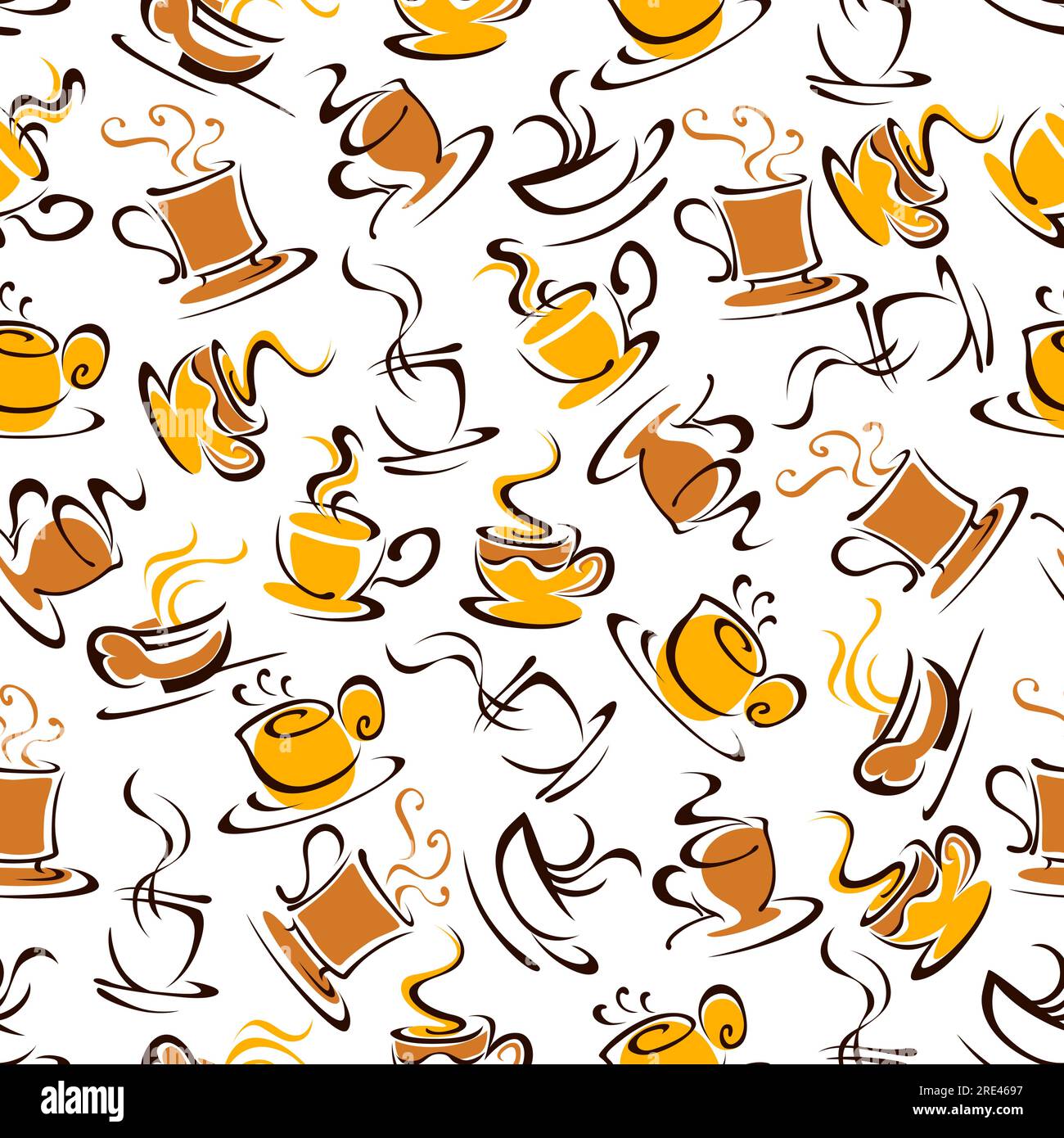 Tazze da caffè gialle e marroni senza cuciture con piattini e ricci decorativi di vapore su sfondo bianco. Da utilizzare come sfondo del menu del bar o come disegno di riempimento della pagina di un album Illustrazione Vettoriale