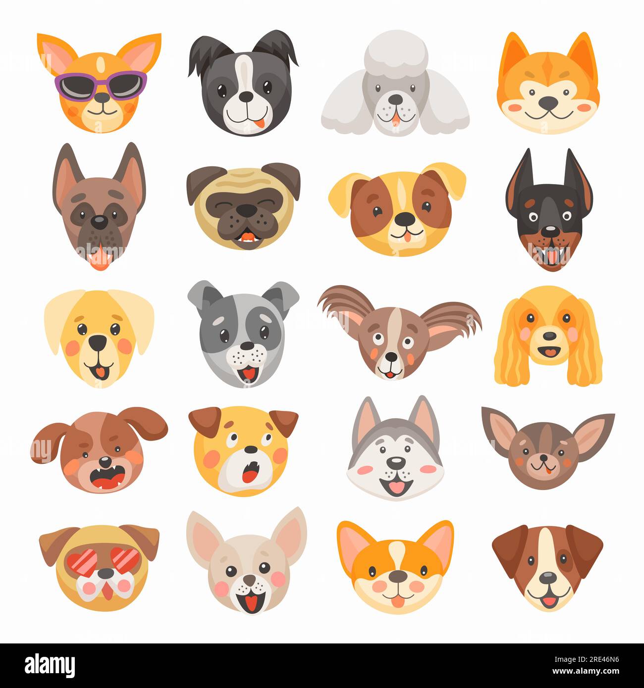 Simpatici volti di cani e cuccioli disegni vettoriali di animali domestici. Teste isolate di terrier, bulldog francese, carretto e corgi, labrador, barboncino, il cane doberman e il chihuahua si riproducono con divertenti lingue, sorrisi Illustrazione Vettoriale