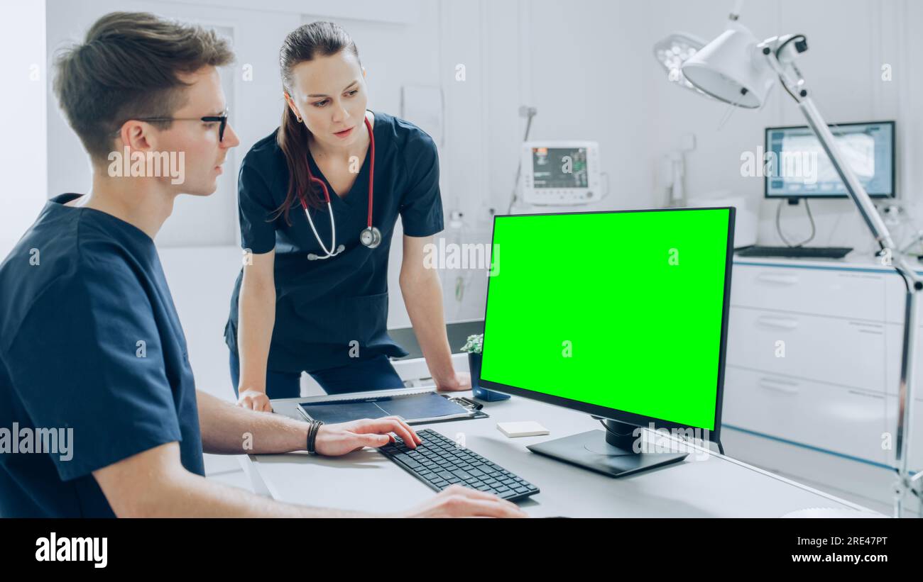 Veterinari femmina e maschio che fanno controlli di salute su un animale domestico in visita. Veterinario professionale in una moderna clinica veterinaria con monitor a schermo verde Foto Stock