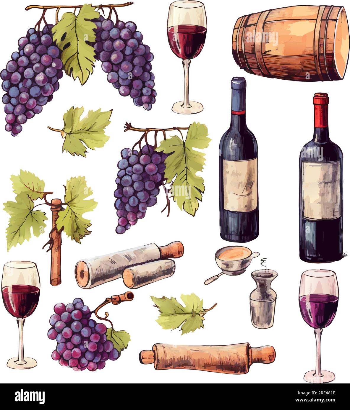 Elementi enologici vettoriali disegnati a mano, tra cui bicchiere da vino, bottiglia, sughero da vino, uva, icona cavatappi eps10. Icona Vector Old Alcohol stile retrò eps10 Illustrazione Vettoriale