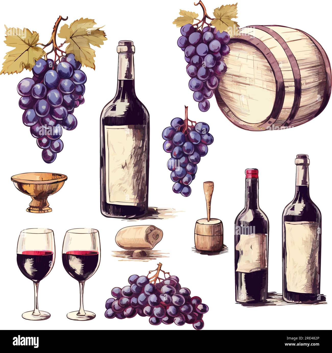 Bicchiere vettoriale di vino, uva strappata, bottiglie di vino Icon eps10. Icona vettoriale del set di vini disegnati a mano in stile retrò eps10 Illustrazione Vettoriale