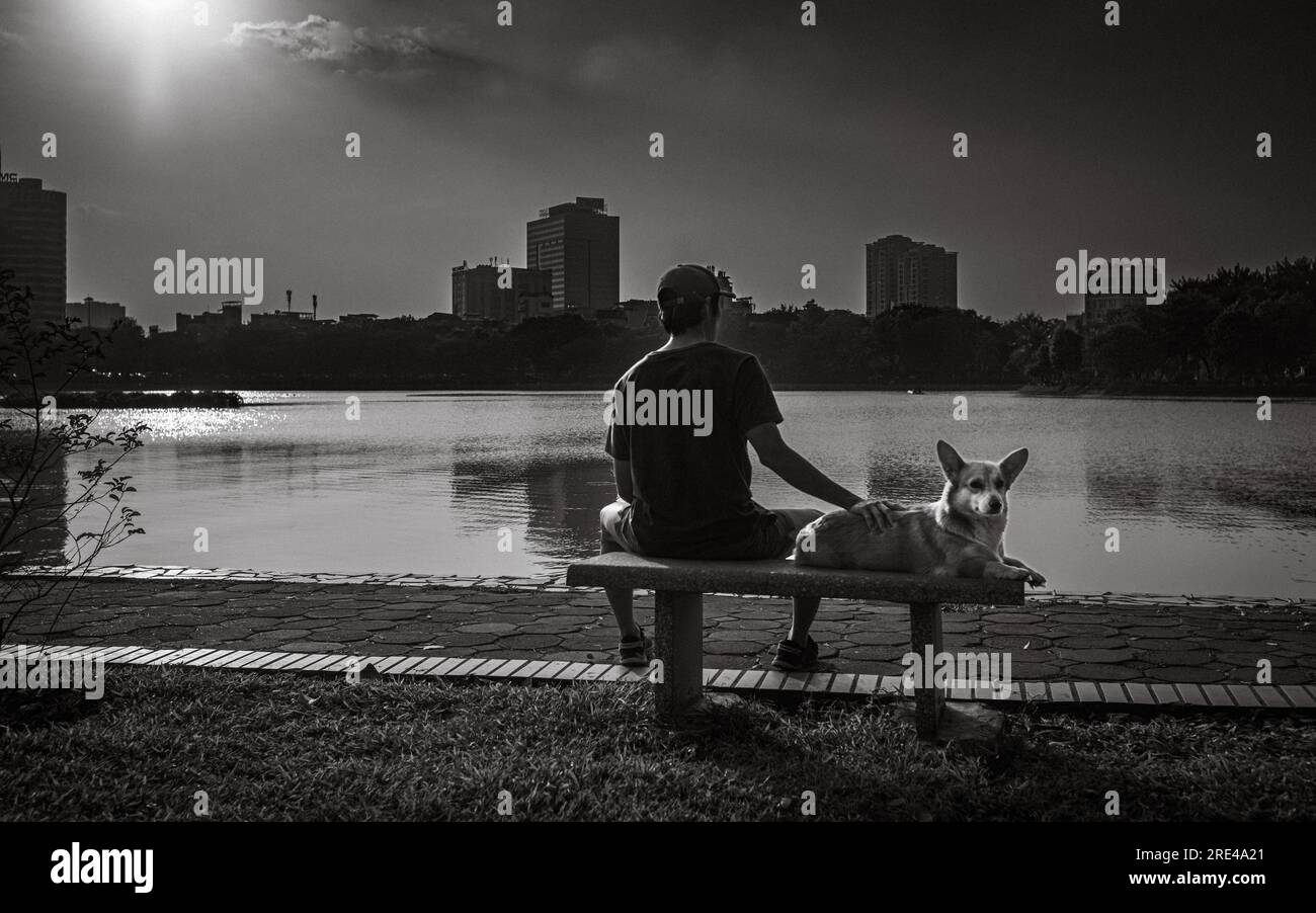 Un uomo vietnamita siede su una panchina con il suo cane da corgi mentre il sole tramonta sul lago nel Parco della riunificazione, Hanoi, Vietnam. Foto Stock