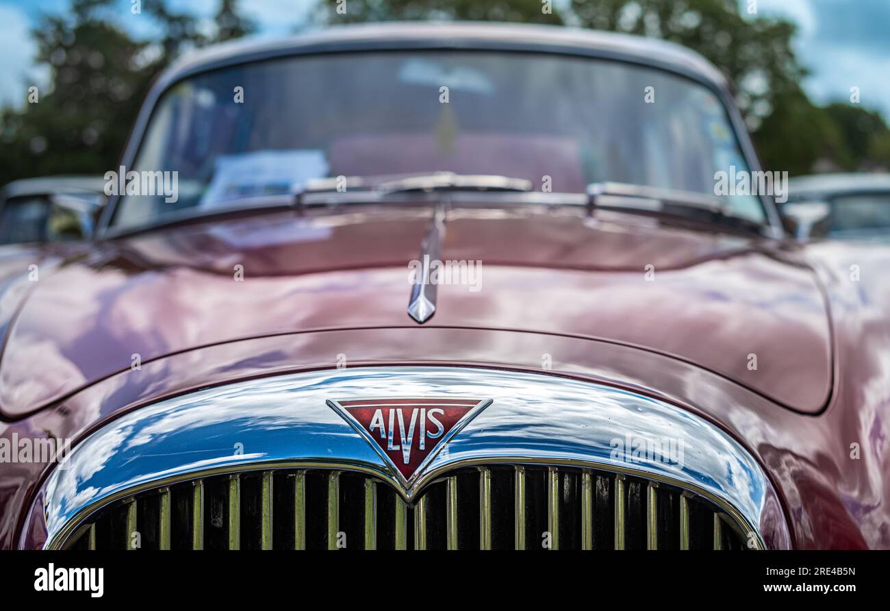 Il logo del nome e il cofano (cofano) di una berlina Alvis TD21 di classe del 1961 in mostra in una mostra di auto d'epoca a Storrington, West Sussex, Regno Unito. Foto Stock