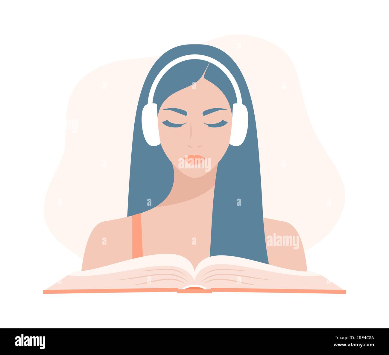 Una donna che ascolta un audiolibro. Ritratto di una giovane donna in cuffia su un libro aperto. Illustrazione del vettore piatto Illustrazione Vettoriale Una donna che ascolta un audiolibro. Ritratto di una giovane donna in cuffia su un libro aperto. Illustrazione del vettore piatto Illustrazione Vettoriale