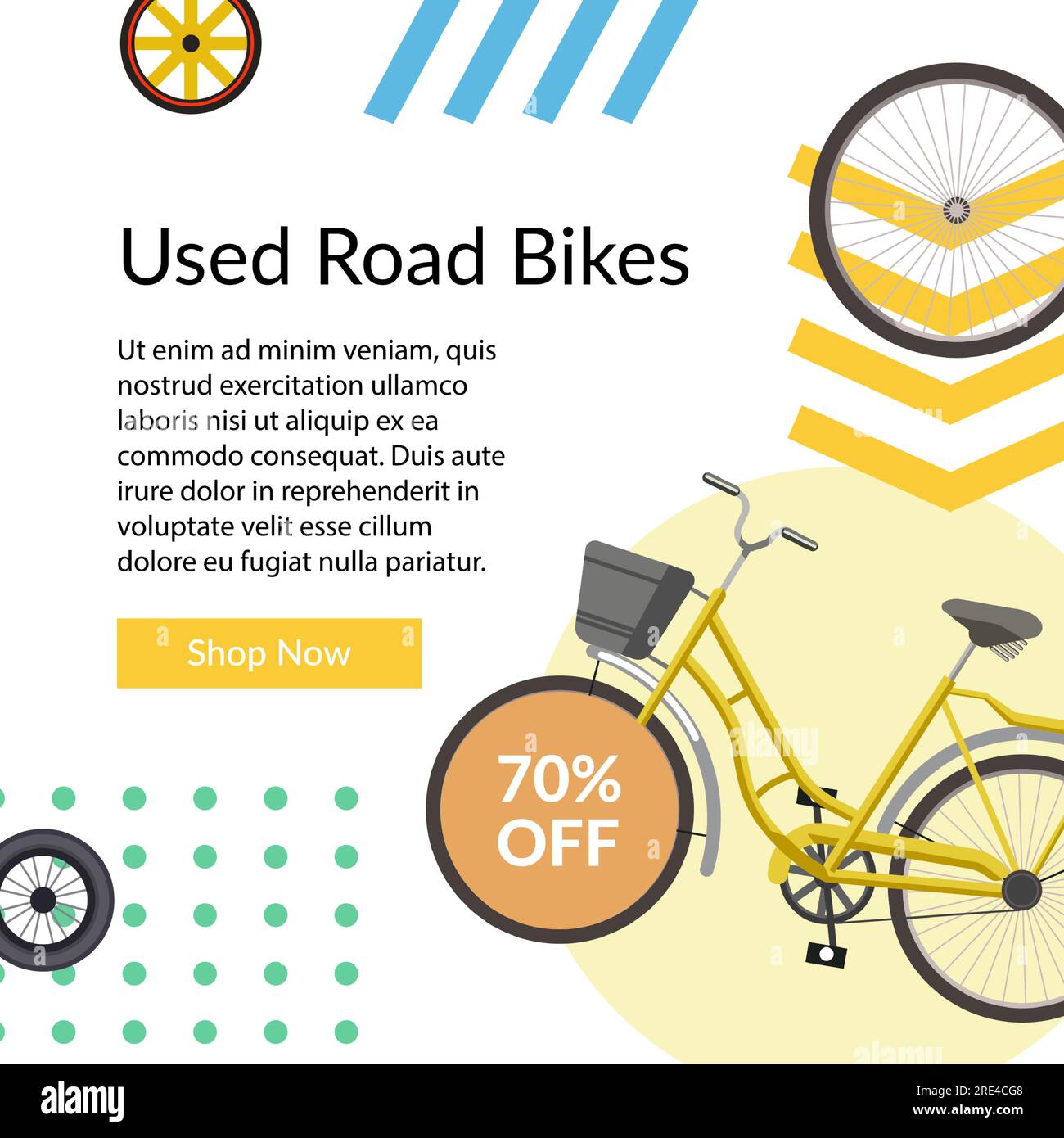 Riduzione su biciclette usate da strada, negozio online con assortimento e buoni prezzi. sconto del 70% su biciclette, modelli retrò e nuovi per il trasporto. Sito Web o webp Illustrazione Vettoriale