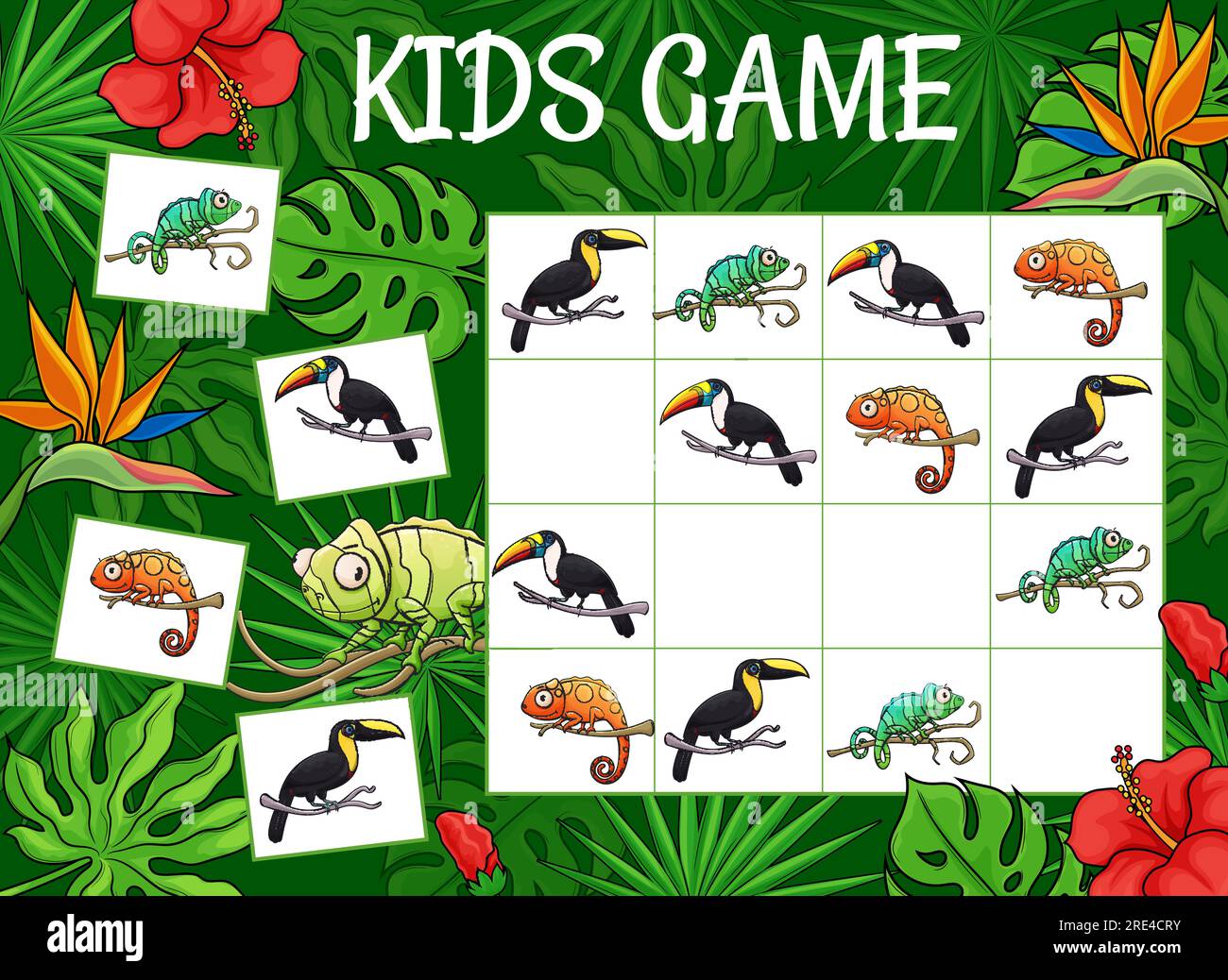 Giochi sudoku per bambini camaleonti e tucani nella giungla. Enigma vettoriale con personaggi di animali tropicali su una tavola a scacchi. Attività educativa, gioco da tavolo con parole incrociate per bambini, teaser labirinto per il tempo libero Illustrazione Vettoriale